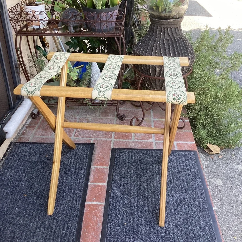 Vintage Wood Folding Luggage Rack Floral Tapestry Straps Natural Finish Stand